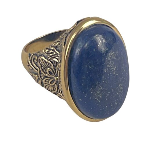 Barse Handcrafted Blue Lapis Gold-Tone Oval Ring With Floral Detailing Size 8 - Picture 3 of 9